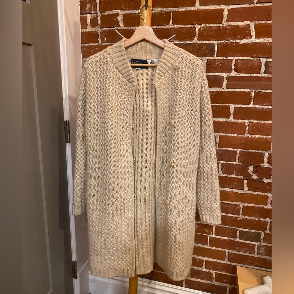 Vintage 100% Wool Long Cardigan LeRoy Knitwear in Tan Size Medium